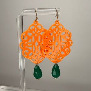 Bright Orange Filigree Earrings with Emerald Green Drops